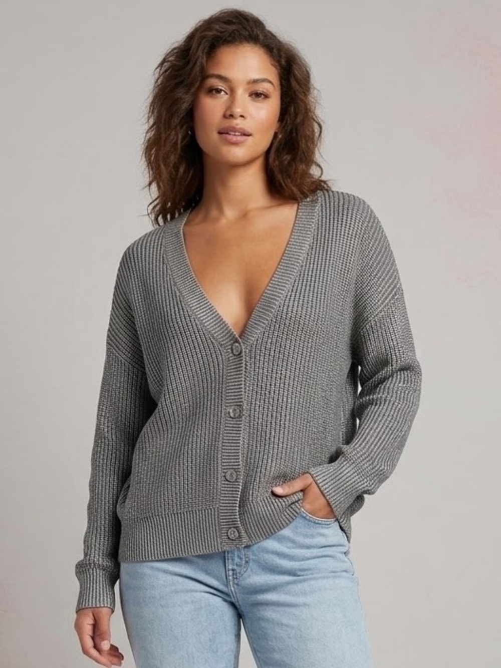 Free For All Grey Cotton Metallic Knit Oversized Cardigan M/L⁠